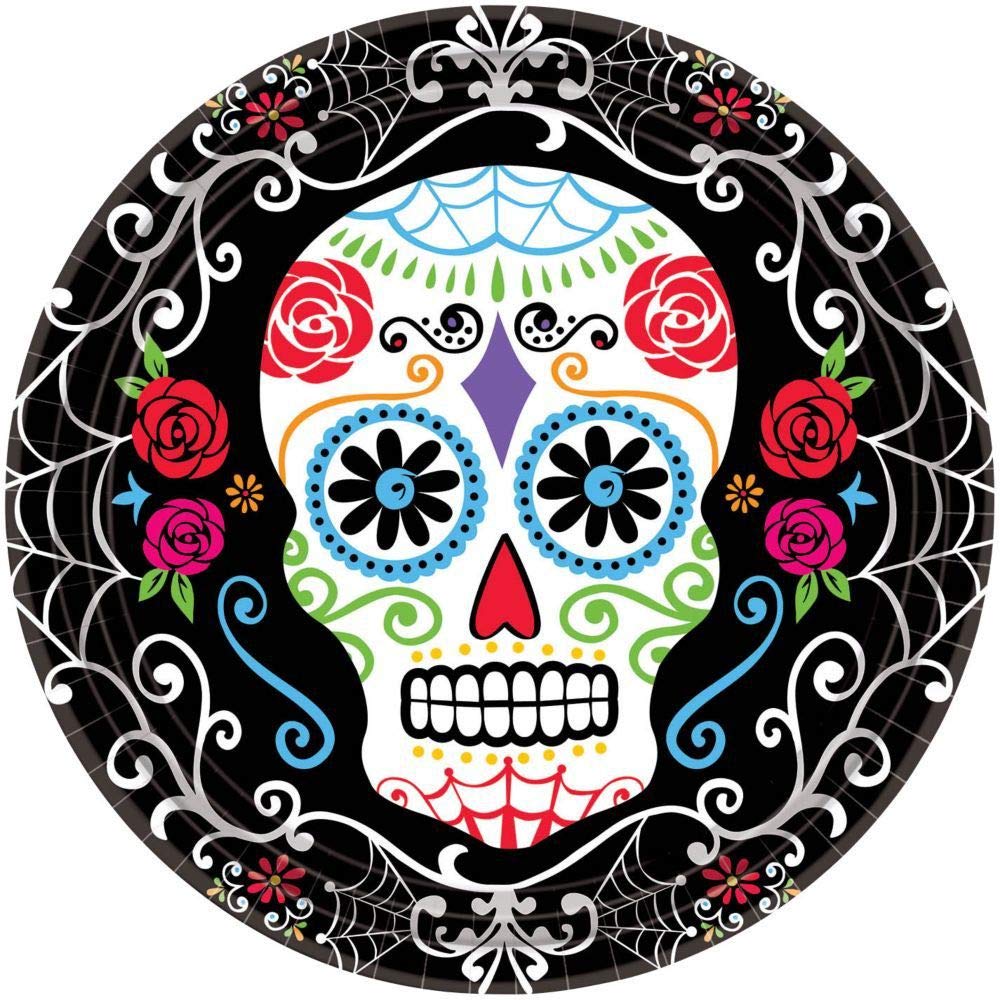 Amscan Black Day Of The Dead Dinner Paper Plates 23Cm - 18 Pcs