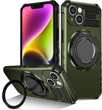 Phone Case for iPhone 14 Compatible with Magsafe with Metal Magnetic Ring Stand Silicone&PC Cover, Heavy Duty Rugged Hard Military Grade Shockproof Protective Green