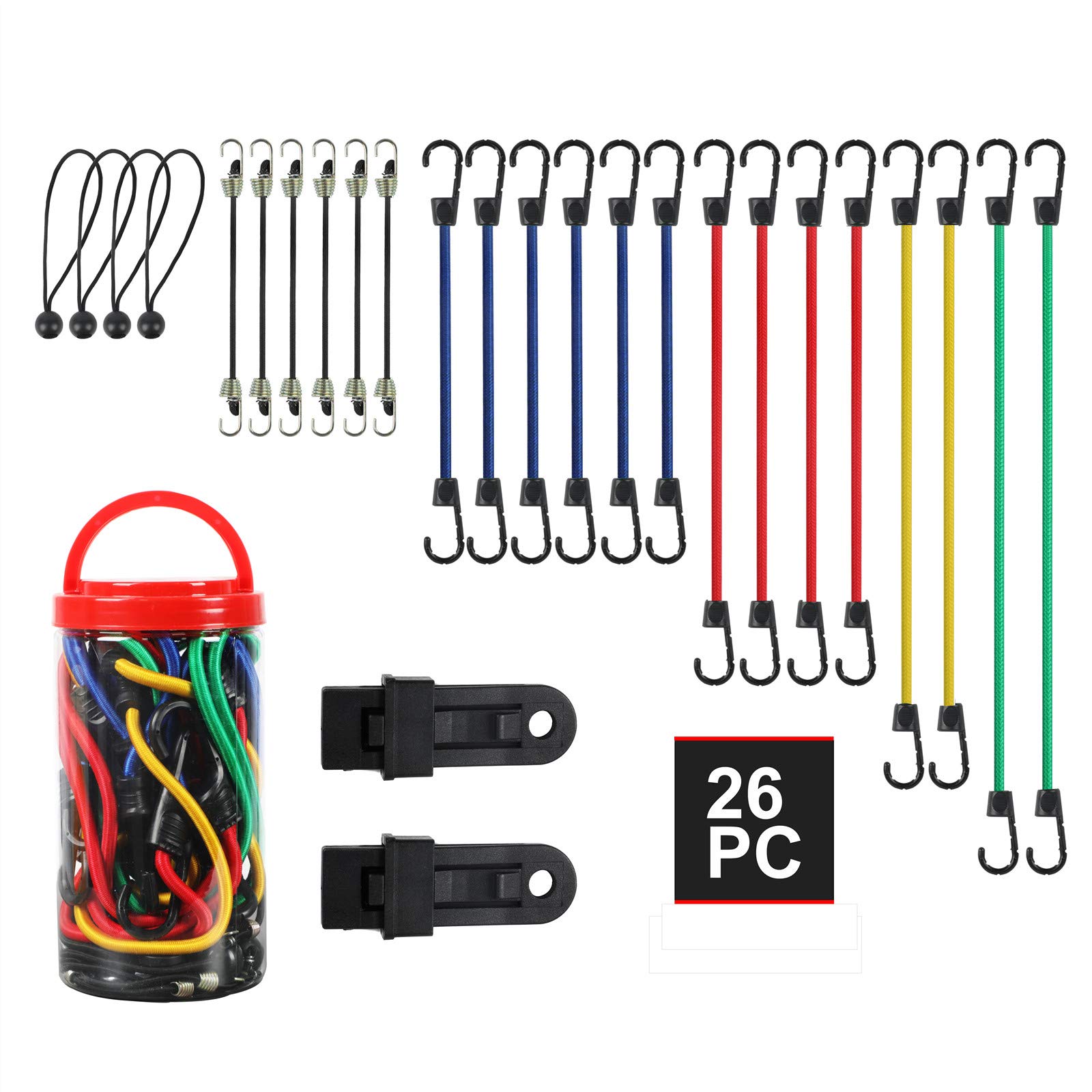Buy 26Piece Premium Bungee Cords Assortment Jar, Heavy Duty Bungee Cords with Hooks,Includes 18