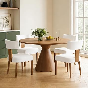Mid Century Modern Dining Chairs Set of 4, Linen Fabric Upholstered Dining Chairs with Wood Legs, Farmhouse Kitchen Chair Armless, Comfy Side Chairs for Dining/Living Room/Kitchen, Cream