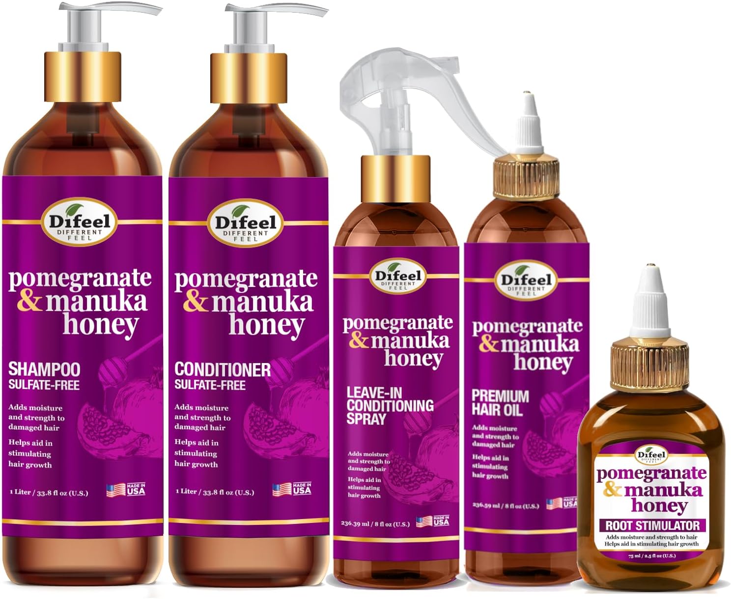 Pomegranate & Manuka Honey Shampoo & Conditioner 5-PC Set - Includes 33.8oz Shampoo, 33.8oz Conditioner, 8oz Leave in Spray, 8oz Hair Oil & 2.5oz Root Stimulator