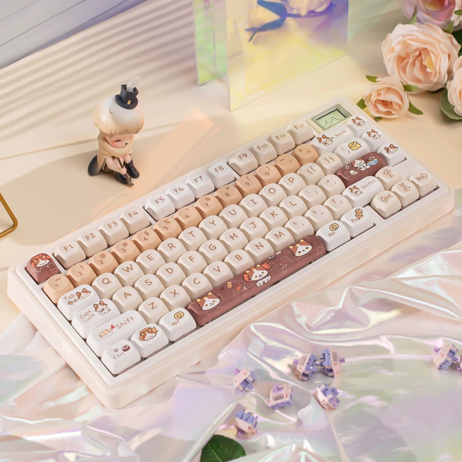 142 Teclas Lindas Teclas de Perfil Moa, Teclas PBT, Teclas Personalizadas Gatos, Teclas Blancas 60 por ciento Lindas Teclas para Teclado Mecánico