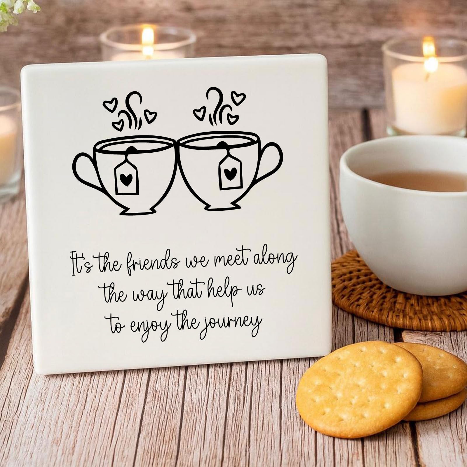 Porcelain Square Coaster - The Friends We Meet, Gift, Birthday Keepsake, Porcelain Teacup Kitchen Coaster with Words