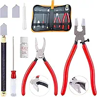 Kit de ferramentas de corte de vidro, alicate de corrida de vidro com tampa de vidro, conjunto de cortador de vidro de alimentação de óleo com bolsa de couro com zíper para vitrais, azulejos, mosaico,