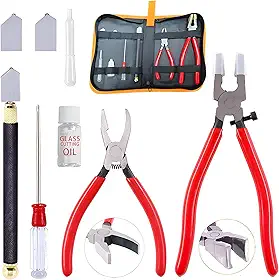 Kit de ferramentas de corte de vidro, alicate de corrida de vidro com tampa de vidro, conjunto de cortador de vidro de alimentação de óleo com bolsa de couro com zíper para vitrais, azulejos, mosaico,