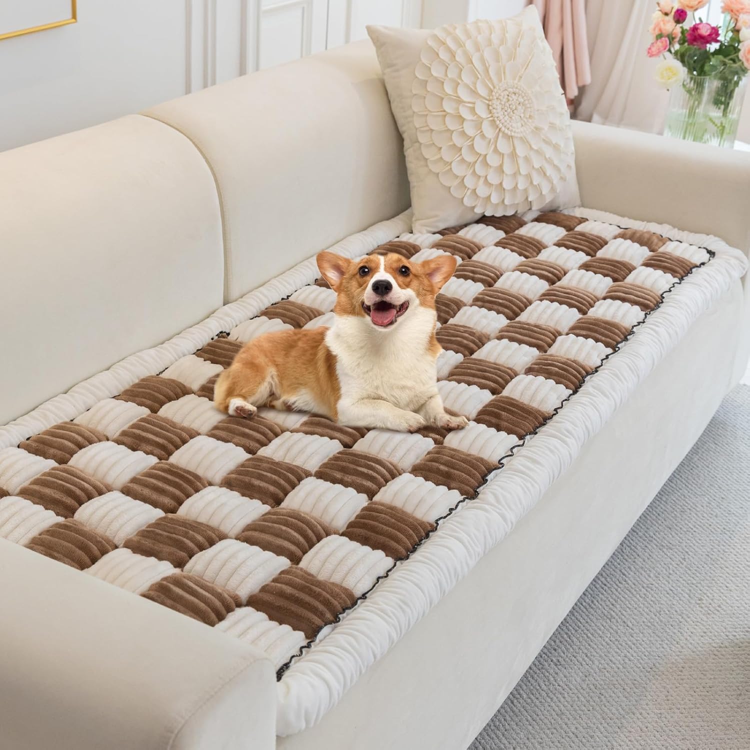 Non Slip Couch Cover for Dogs Washable, Fuzzy Pet Sofa Cover for 3 Cushion Couch Pet Friendly, Durable Dog Bed Cover Furniture Protector Sofa Topper Pads for Large Dogs (27.6x82.7in, Dark Coffee)