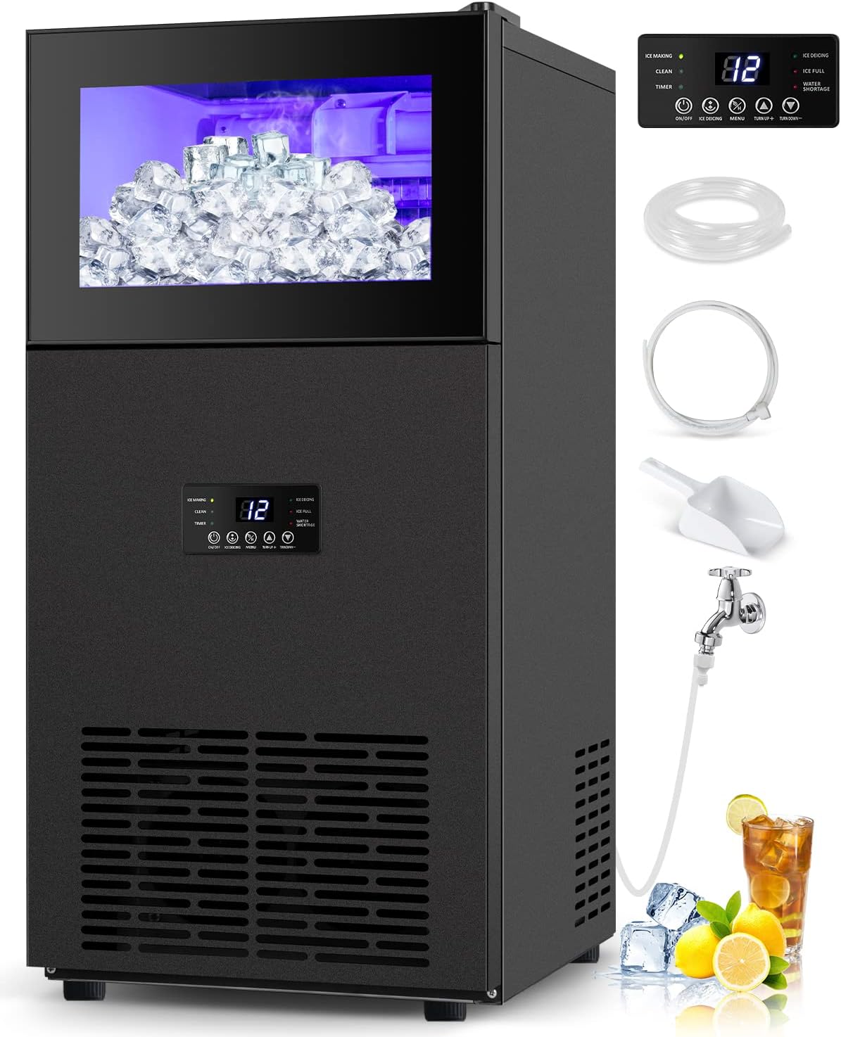 Commercial Ice Maker, 160Lbs/24H with 35Lbs Ice Capacity, 63Pcs Clear Ice Cubes per Round in 11-20Mins, 15inch Stainless Steel Under Counter Freestanding Ice Machine Maker for Home Bar Outdoor