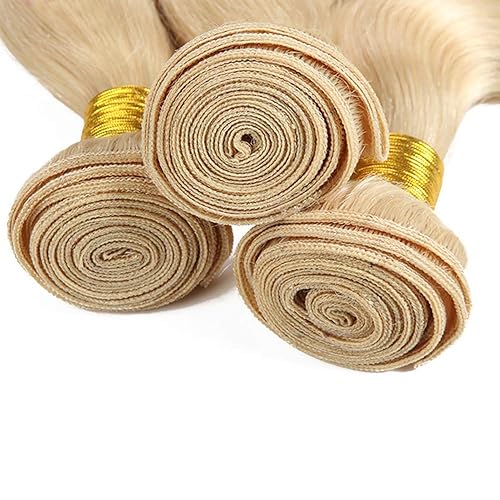 Miniatura 3 de FHEAICR 613 manojos de cabello humano de 14 pulgadas rubio, paquetes de cabello humano lacio de alta calidad, extensiones de cabello humano 100%