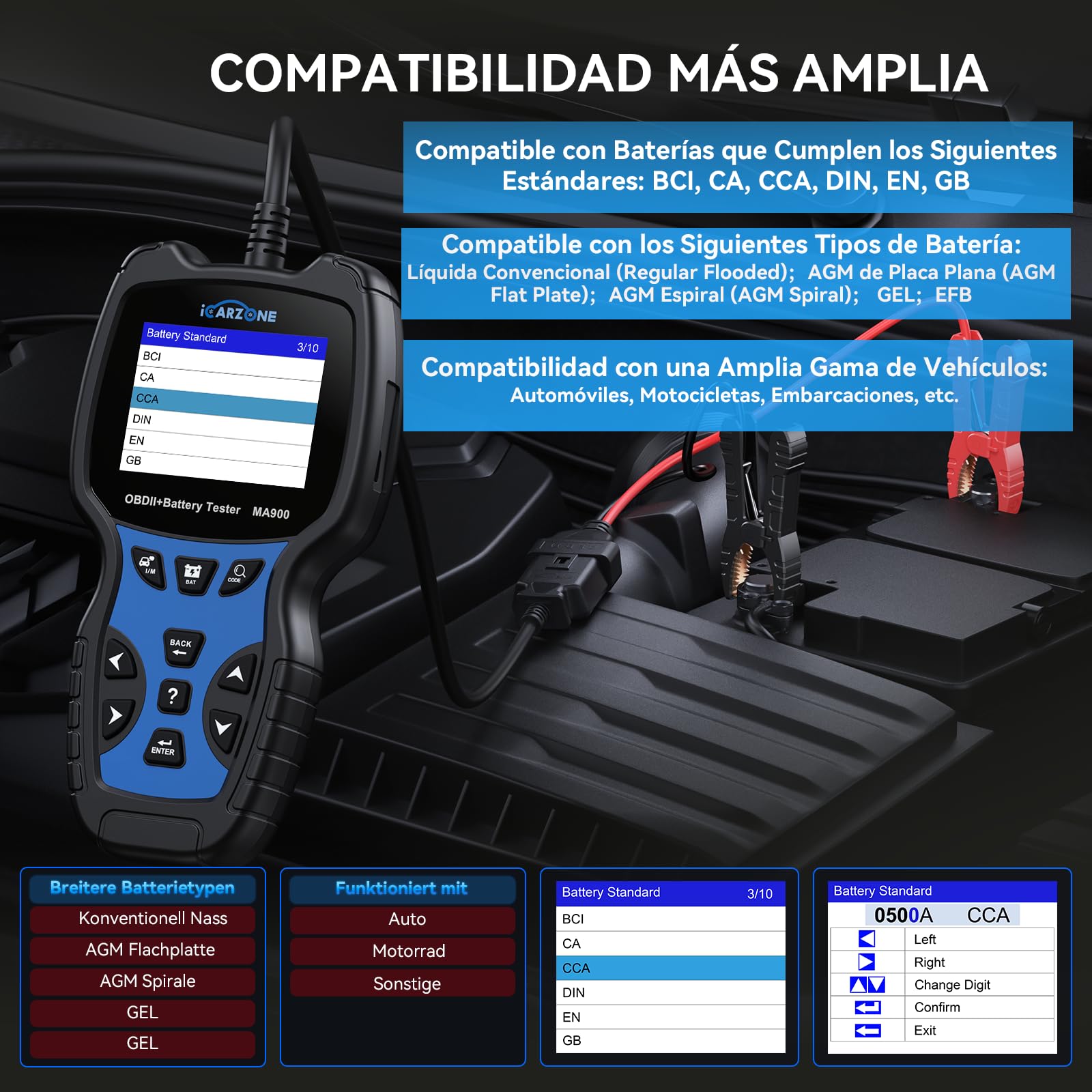 MA900 Comprobador de Batería Coche + Escáner OBD2 -Test de Descarga, Test de Corriente de Arranque, Test de Carga, Función de Lectura para OBFCM, Leer/Borrar Códigos, Datos en Tiempo Real-12V/24V
