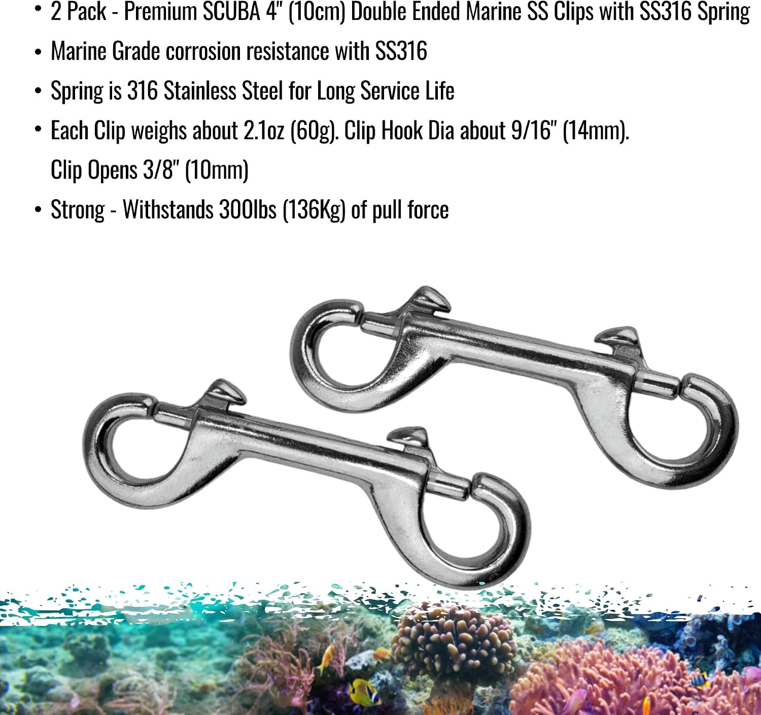 Marine Grade 4" (100mm) Double Ended Clips/Bolt Snaps with SS316 Spring