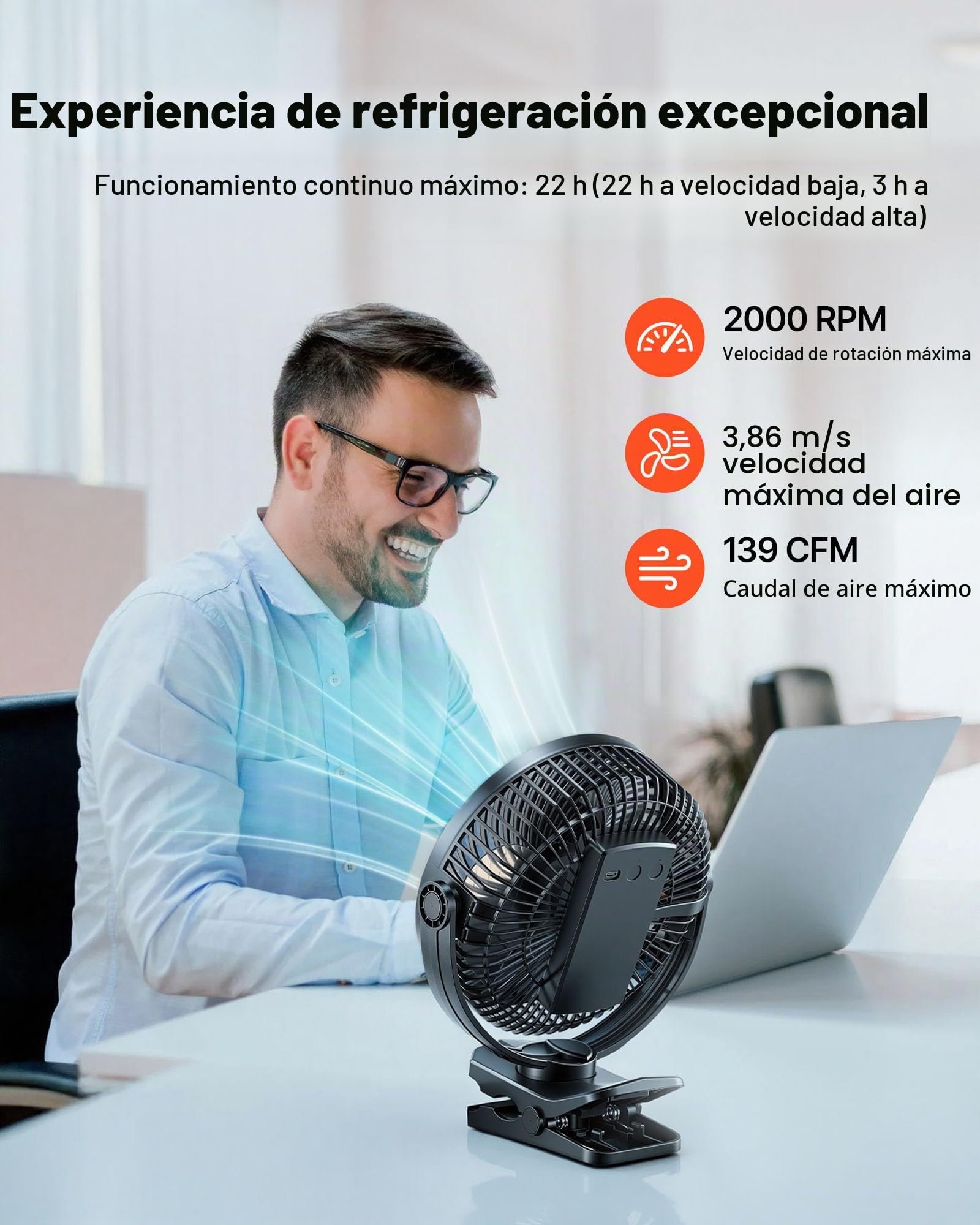 VEVOR Ventilador Portátil con Clip con Luz LED 2 Niveles, Batería 37 Wh, 4 Velocidades 3 Fijas y 1 Modo de Circulación, Control Táctil, Ventilador con Pinza USB-C para Viaje Camping Escritorio Oficina