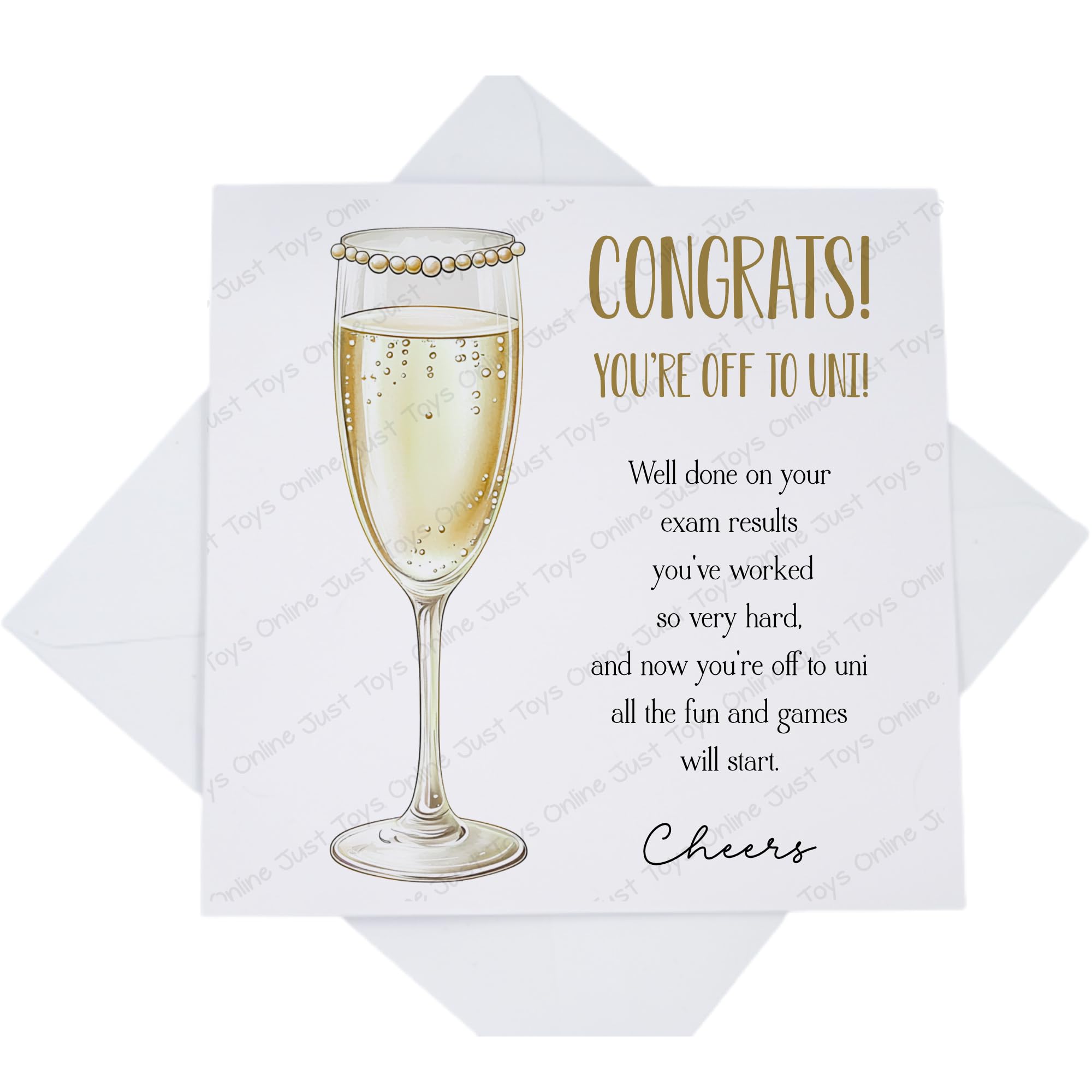 Congratulations You're Off to University Card, Congrats Exam Results Card for Him Her, A Level BTEC College Results Off to Uni with Poem Verse, Champagne Glass