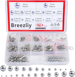 Breezliy 304 Stainless Steel Bearing Balls Kit - 620pcs Precision Assortment 1-8mm 12 Sizes for Bikes, Casters, Furniture