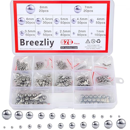 304 Stainless Steel Ball 620Pcs 1-8mm Metric Precision Assorted Loose Bicycle Bearing Steel Ball Assortment Kit(12 Sizes)