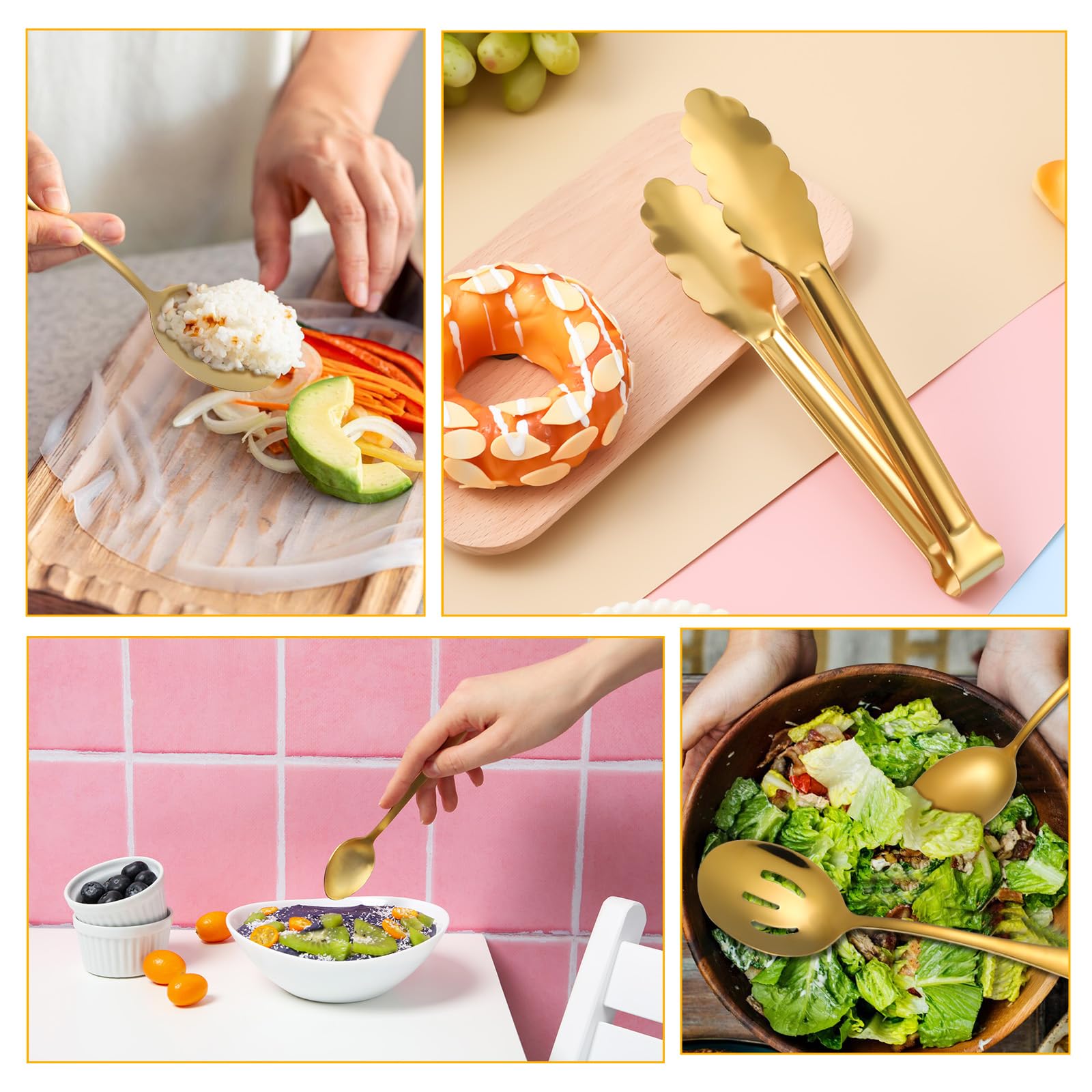 Juego de 12 utensilios de servir de acero inoxidable dorado, cucharas grandes, cucharas ranuradas, pinzas para servir, pinzas para aperitivos, juegos de utensilios para bufé, catering, banquetes y