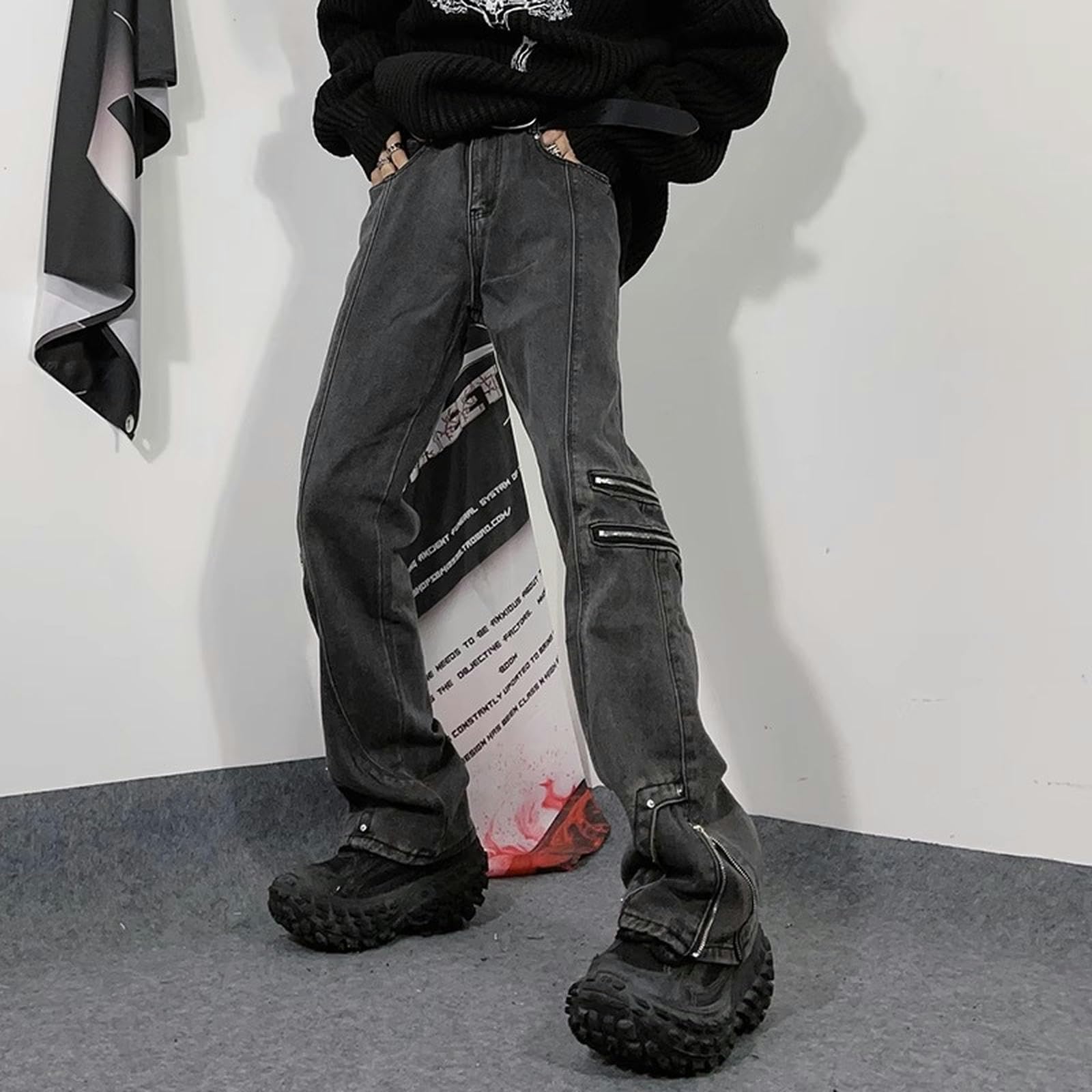 High Street Zipper Jeans Pantaloni Svasati Larghi da Uomo - Nero - L