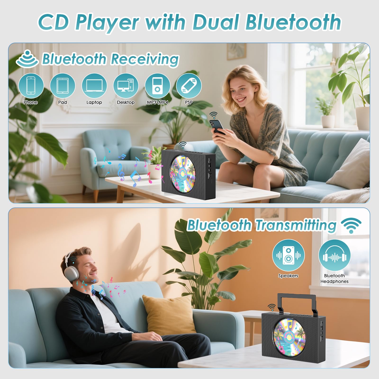 Gueray Lettore CD Portatile Bluetooth CD Player Hifi con display
