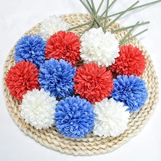 Artificial Flowers Chrysanthemum Ball Flowers 4th of July 12pcs Bouquet Present for Important People Glorious Moral for Home Office Coffee House Deco Parties and Wedding(White&Red&Blue)