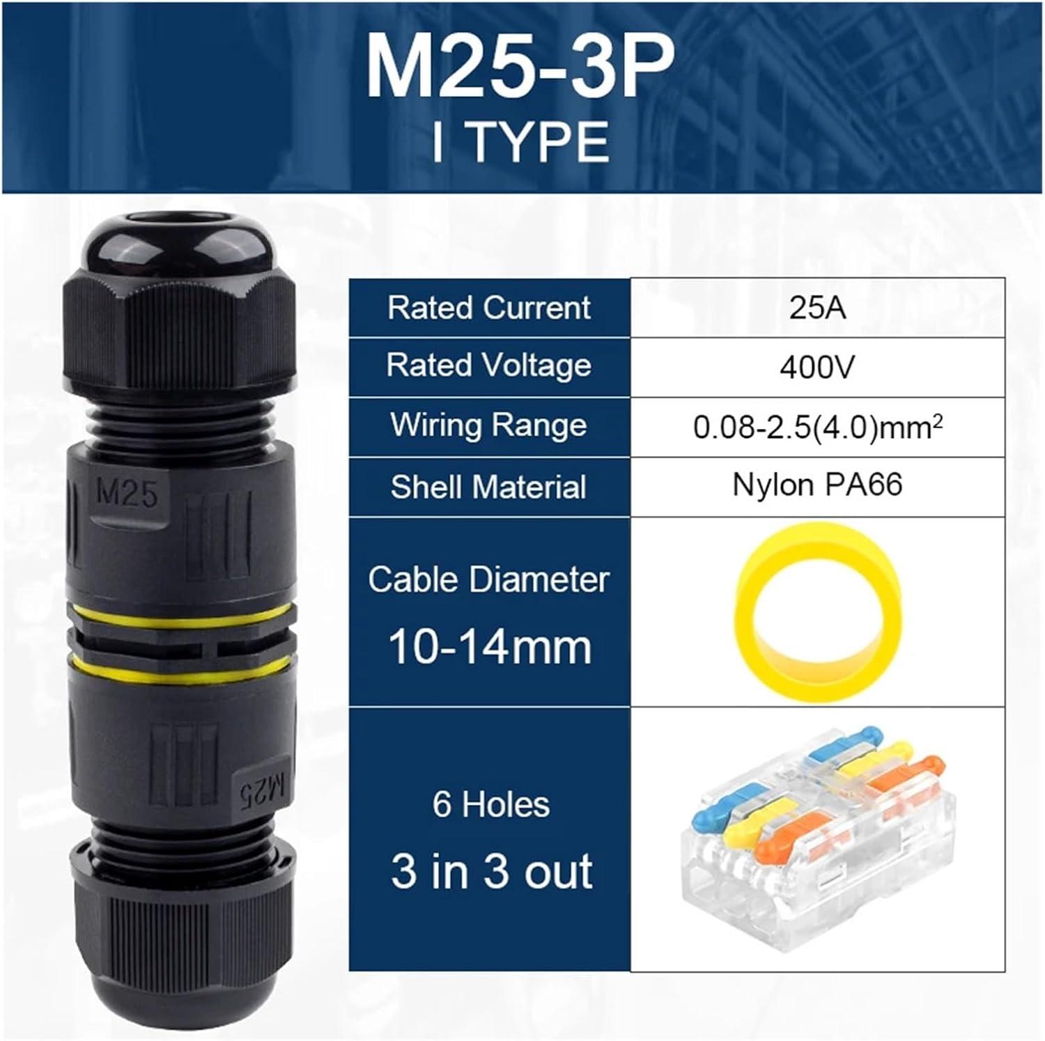 IP68 M25 Waterproof Connector Junction Box 2/3 Pin Screw Terminal No Solder Push-in Terminal Block Conductor Connector(IP68-M25 3P 10-14mm)