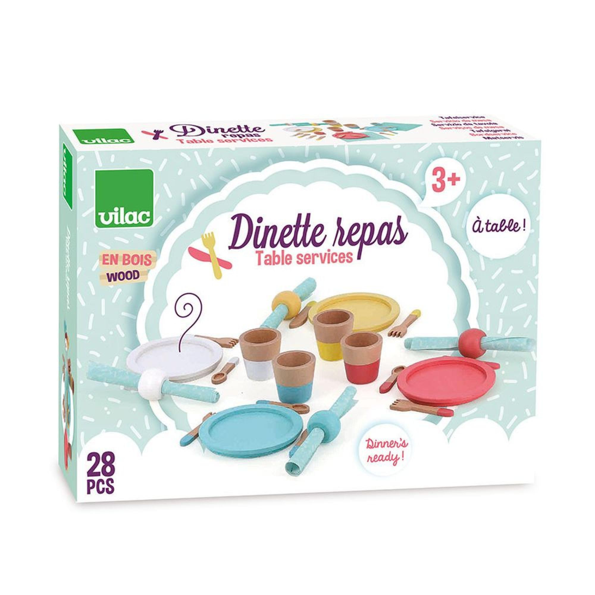 Vilac Dinette Pasto in Legno-Set di 28 Pezzi per Bambini-Stimola l'immaginazione e l'imitazione con Piatti, Occhiali, Posate e Asciugamani-Promuove le capacità motorie sottili, 8178