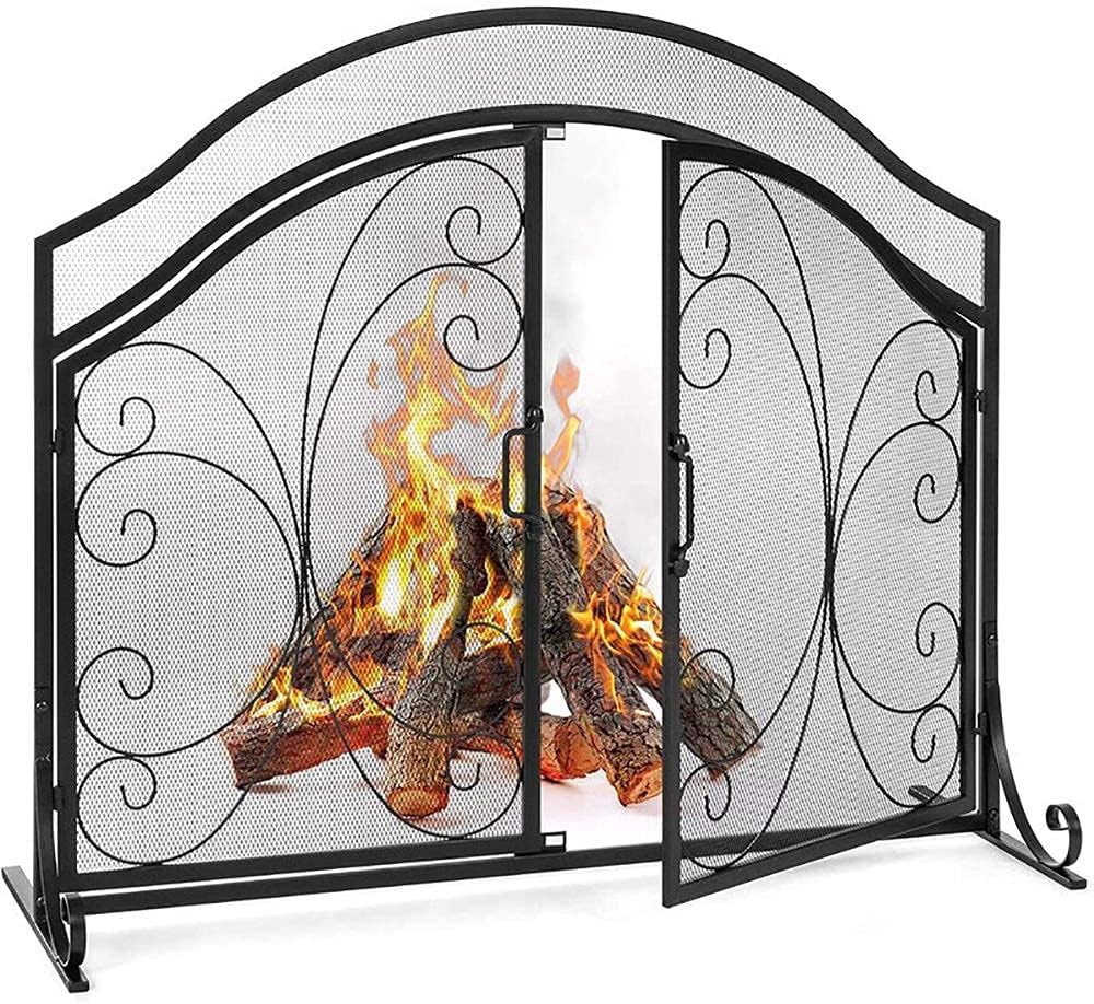 Fireplace Screen Guard, Fireplace Screen Fireplace Screen with Doors， Baby Safe Proof Wrought Iron Fire Place Panels， 39.4" L × 13.8" W × 33.5" H