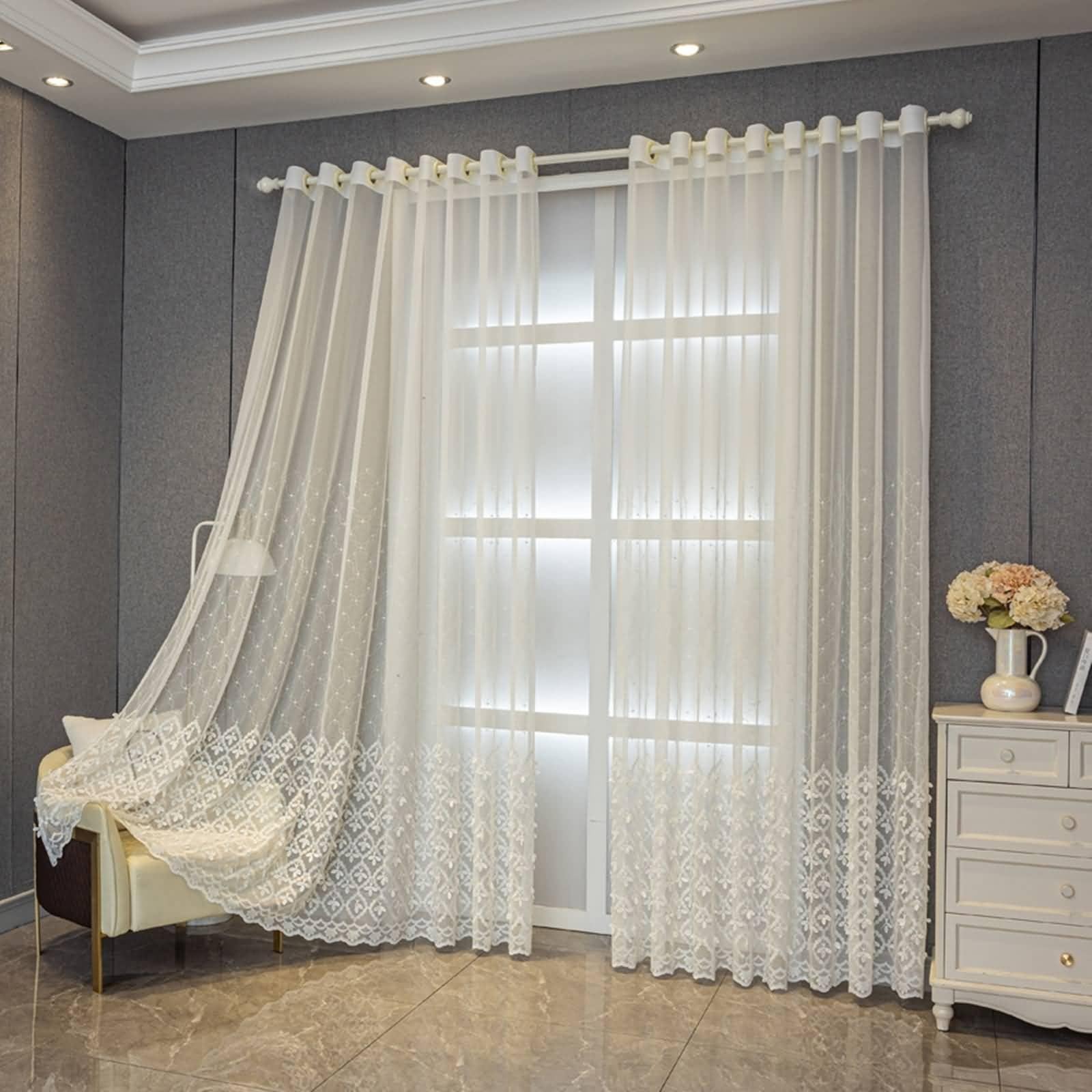 Beydodo Tende Trasparenti Corte 160 Cm – Set 2 Pannelli, 107x160 Cm, Con Occhielli, Bianco Con Ricami Floreali, Per Privacy E Filtraggio Luce – Per Porte E Finestre - 4