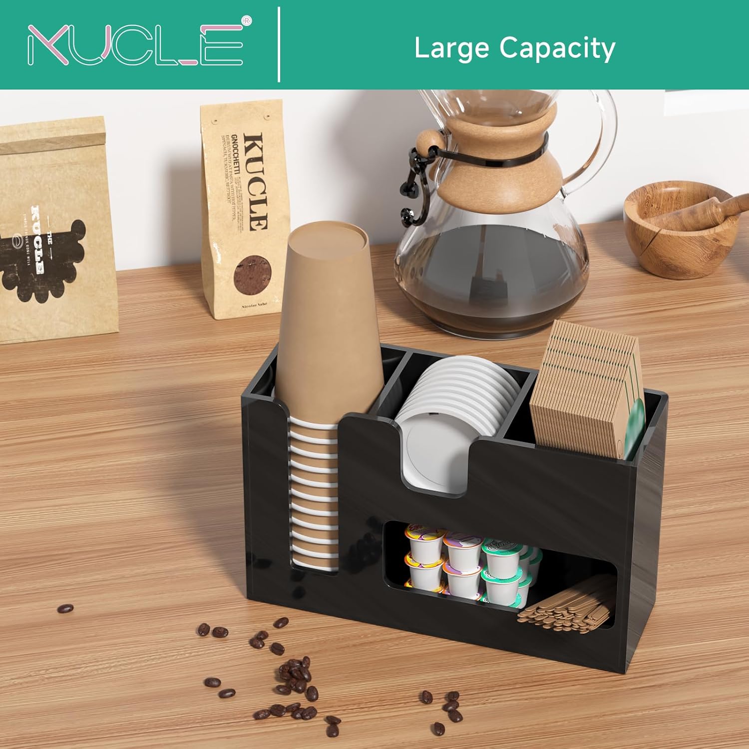 2-Tier Coffee Station Organizer for Countertop, 4 Compartments Black Acrylic Cup and Lid Holder Tea Condiment Storage Upright Coffee Bar Organizer Pod Dispenser for Office Breakroom Home Kitchen