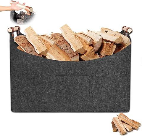 Cesta de madera XXXL de 100 l para leña, 60 x 40 x 40 cm, con asas antideslizantes y bolsillo frontal, plegable, para la compra, periódicos o leña