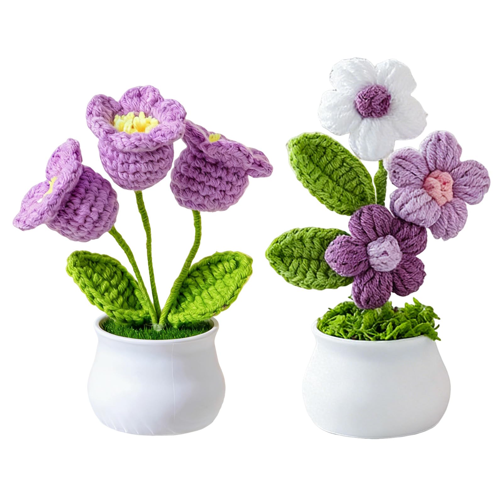 InteDesign Hand Crocheted Flowers, 2PCS Purple Crochet Flower Plant, Handmade Crochet Bell Orchid, Purple Knitted Bouquet, Simulated Small Potted Plant,for Home Office Desktop Car Decoration,Gifts