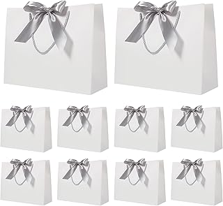 Gift Bag, 10pcs White Paper Gift Bags with Silver Ribbon Present Wrapping Bags with Handle for Wedding Bridesmaid Gifts, Christmas Birthday Baby Shower Valentines Party Favors