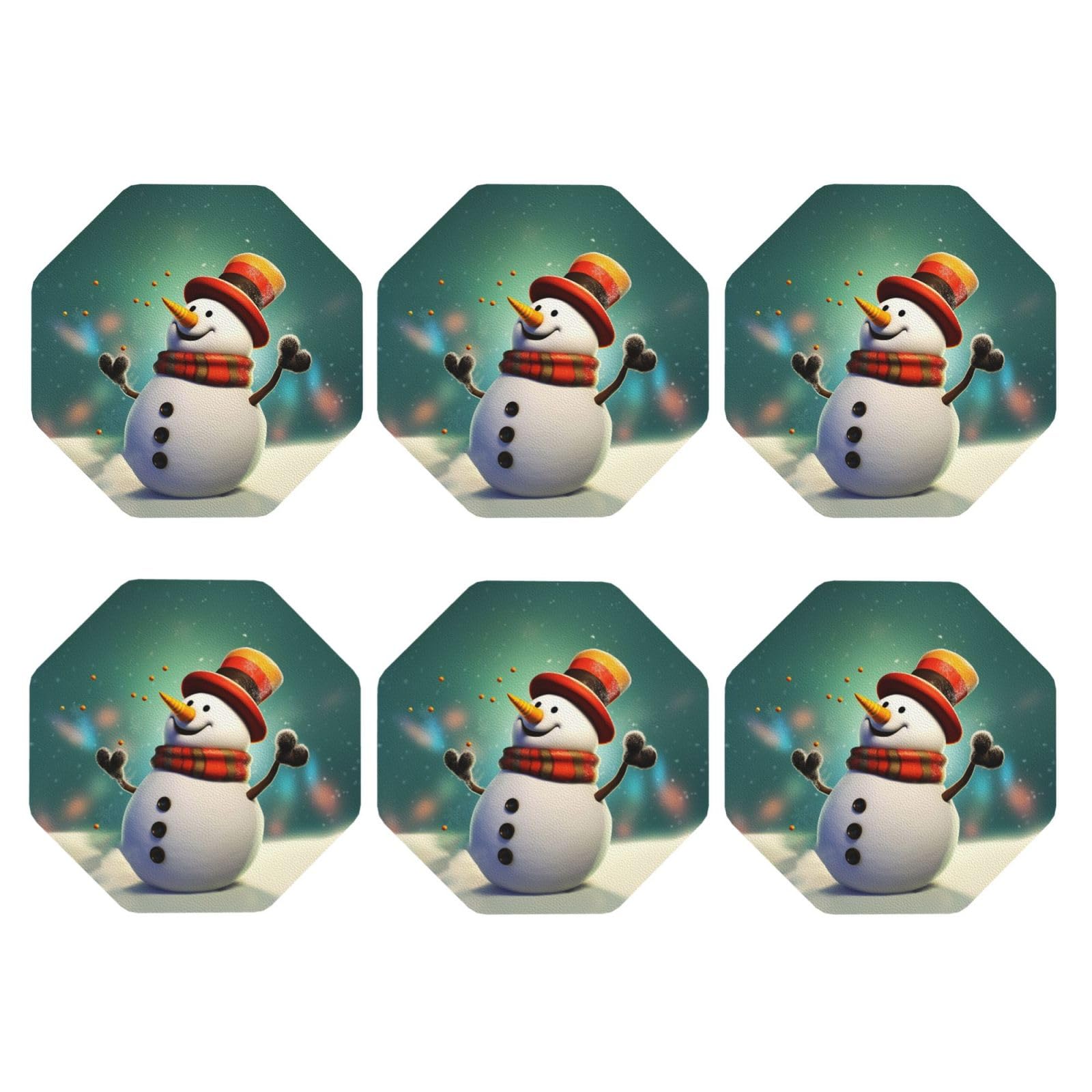6pcs Leather Coasters for Drinks, Funny Snowman Drink Coasters for Tabletop Protection, 4" Cup Coasters for Coffee Table Decor, Non-Slip Drinking Cup Mat for Hot Or Cold Drink
