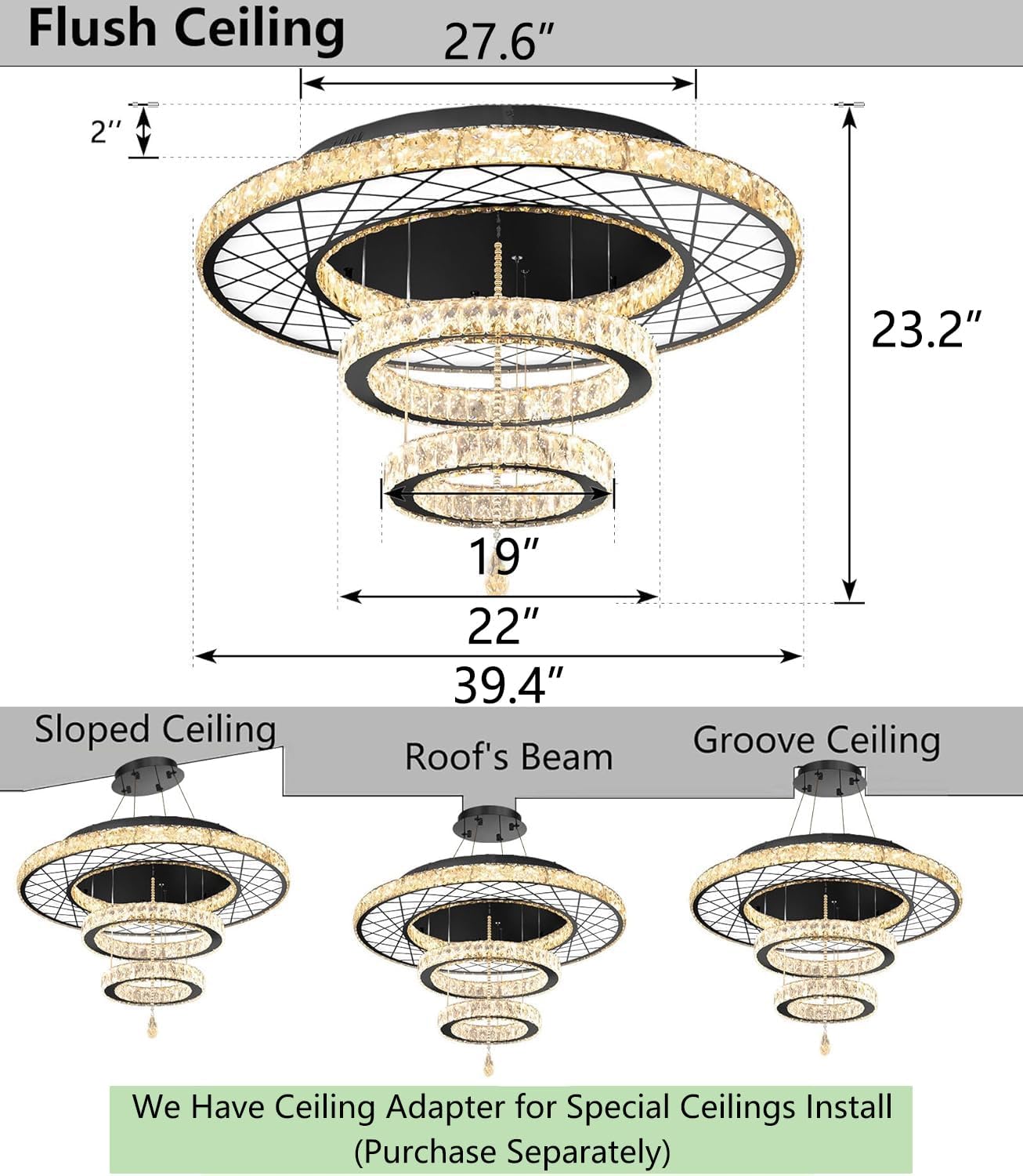 HAIXIANG Crystal Glam Chandelier LED Ceiling Light Living Room Lighting Fixtures Remote Dimmable Ceiling Chandeliers 40 Inches Large Light Black