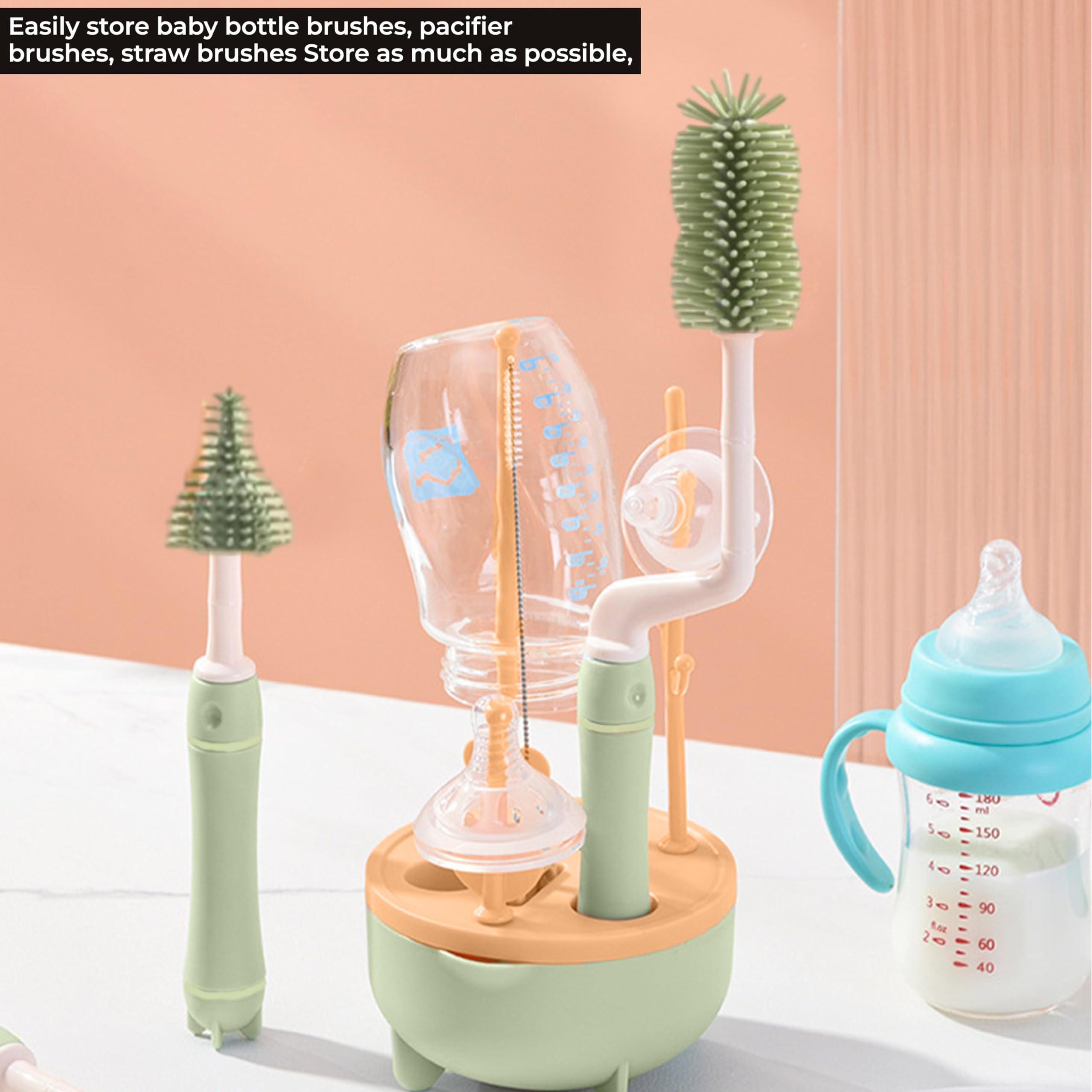 DaKos Baby Bottle Drying Rack with Silicone Cleaning Brush 2 in 1, Baby Bottle Cleaner, Baby Bottle Nipple Storage, Baby Bottle Dryer, Baby Bottle Cleaning Accessories with Holder Storage Box 4