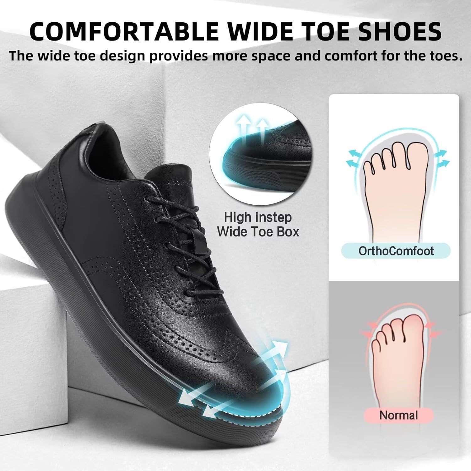 Men's Orthopedic Leather Dress Shoes: Wide Toe Box Comfortable Arch Support Plantar Fasciitis Business Formal Oxford, Orthotics Flat Feet Casual Walking Shoes for Foot and Heel Pain Relief - Image 3