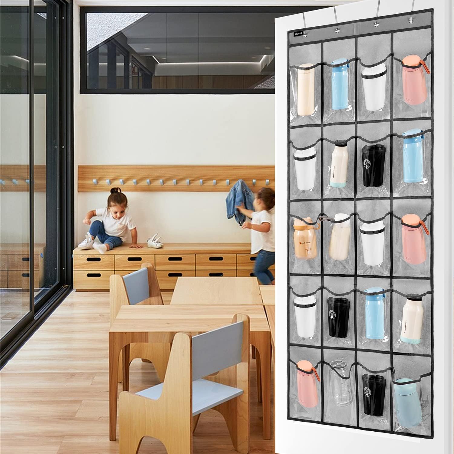 Over Door Hanging Water Bottle Holder Cup Organizer for Kitchen Pantry Glass Bottle Storage Rack with 20 Pockets (CLEAR PVC POCKETS) - Image 3