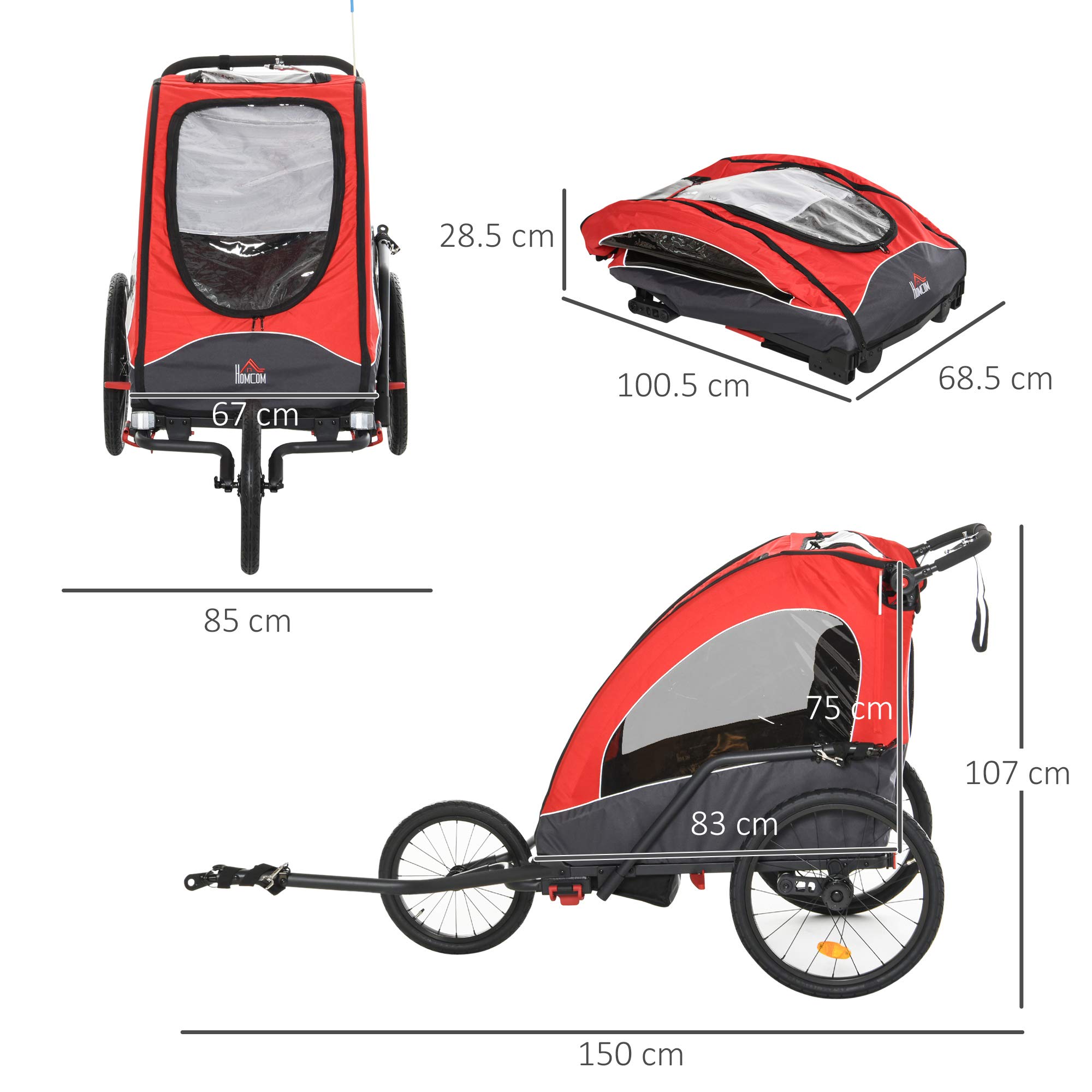 HOMCOM Remolque Infantil 3en1 para Bicicleta Carro de 2 Plazas para Niños de +6 Meses Plegable Ruedas Giratorias y Manillar Ajustable 150x85x107 cm