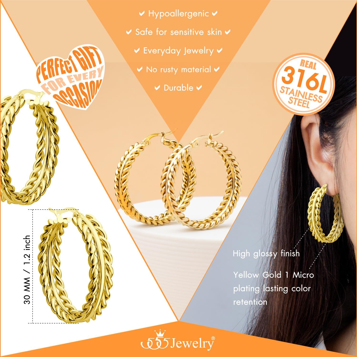 555Jewelry Stainless Steel Twisted Cable Wire Hoop Earrings for Women, Intertwined Chunky Huggie Hoops Earrings for Ladies - Image 4