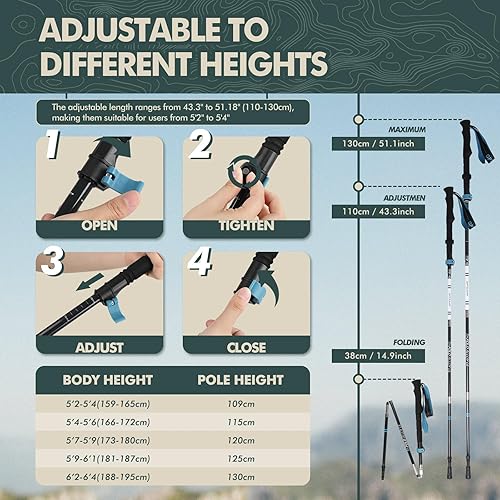 Miniatura 4 de GPTCAMP Bastones de senderismo plegables, bastones de senderismo ligeros hechos de carbono, aluminio, 2 palos plegables para hombres y mujeres, con