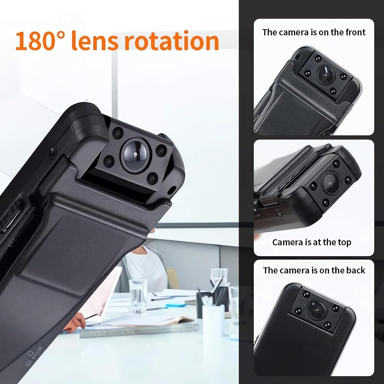 Diagram showing the 180-degree rotation capability of the camera lens, with views from front, top, and back.