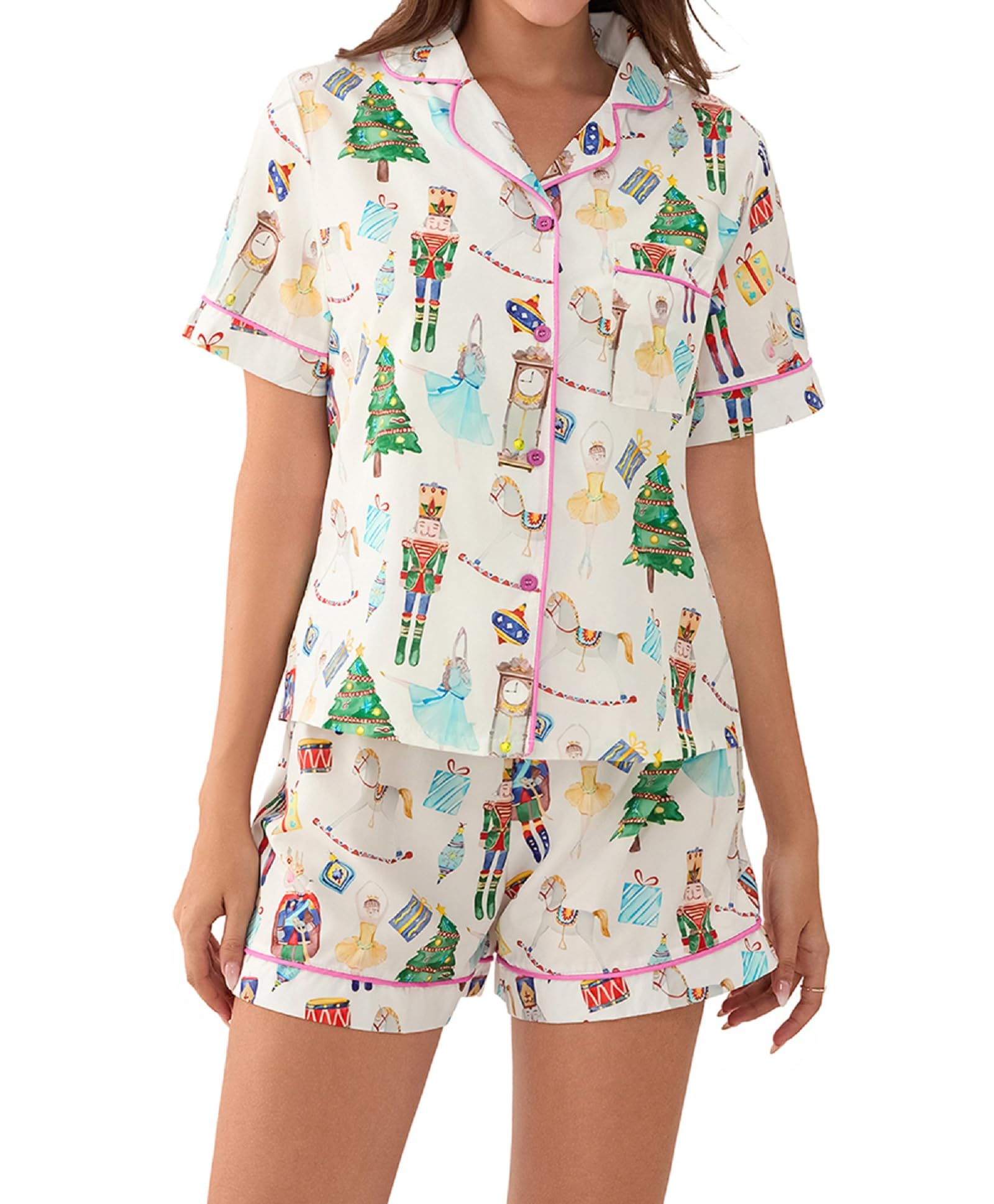 AonoapllWomen Christmas Pajama Set Nutcracker Printed Short Sleeve Button Shirt and Shorts 2 Piece Lounge Set Sleepwear