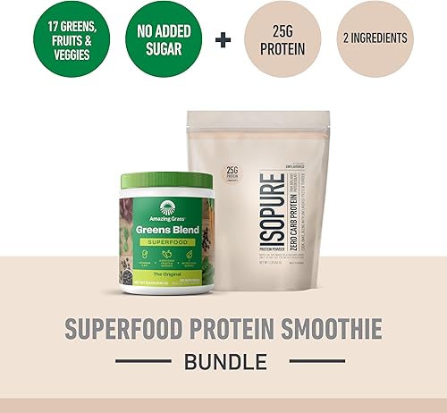 Miniatura 2 de Isopure Build Your Smoothie Best Seller Bundle - Proteína en polvo sin sabor sin sabor sin carbohidratos (16 porciones) y Amazing Grass Greens
