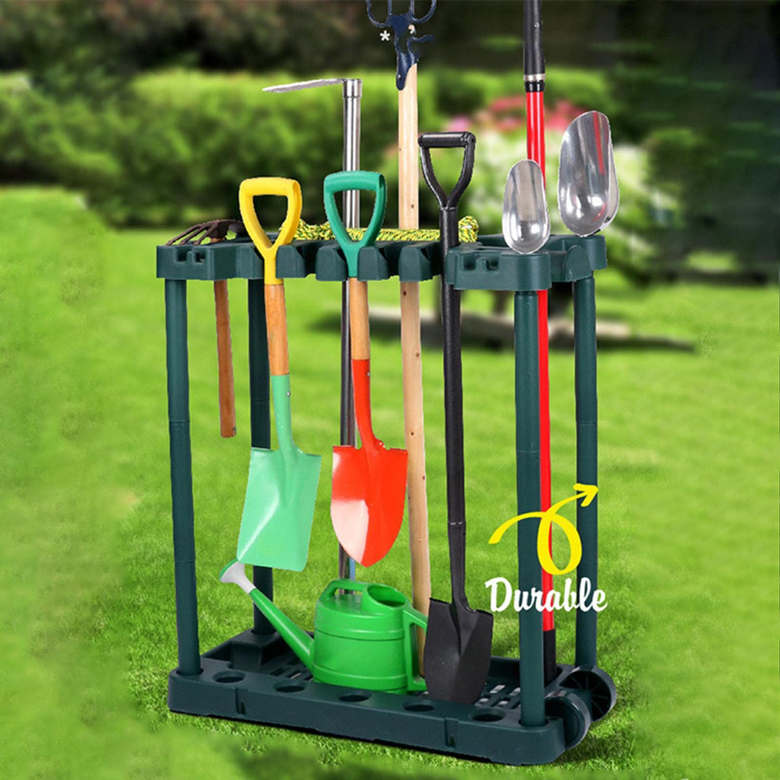 Organisateur D'outils de Jardin Gain de Place avec Roulettes, Support pour Râteaux et Autres Outils.