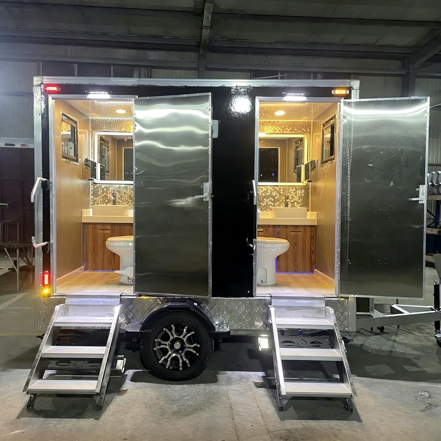 Commercial 2 Stall Restroom Trailer for Sale, Luxury Portable Bathroom Trailer with Flush Toilet Sink, Mobile Toilet Trailer for Wedding Event Festival Construction Site Outdoor Sanitation Facility