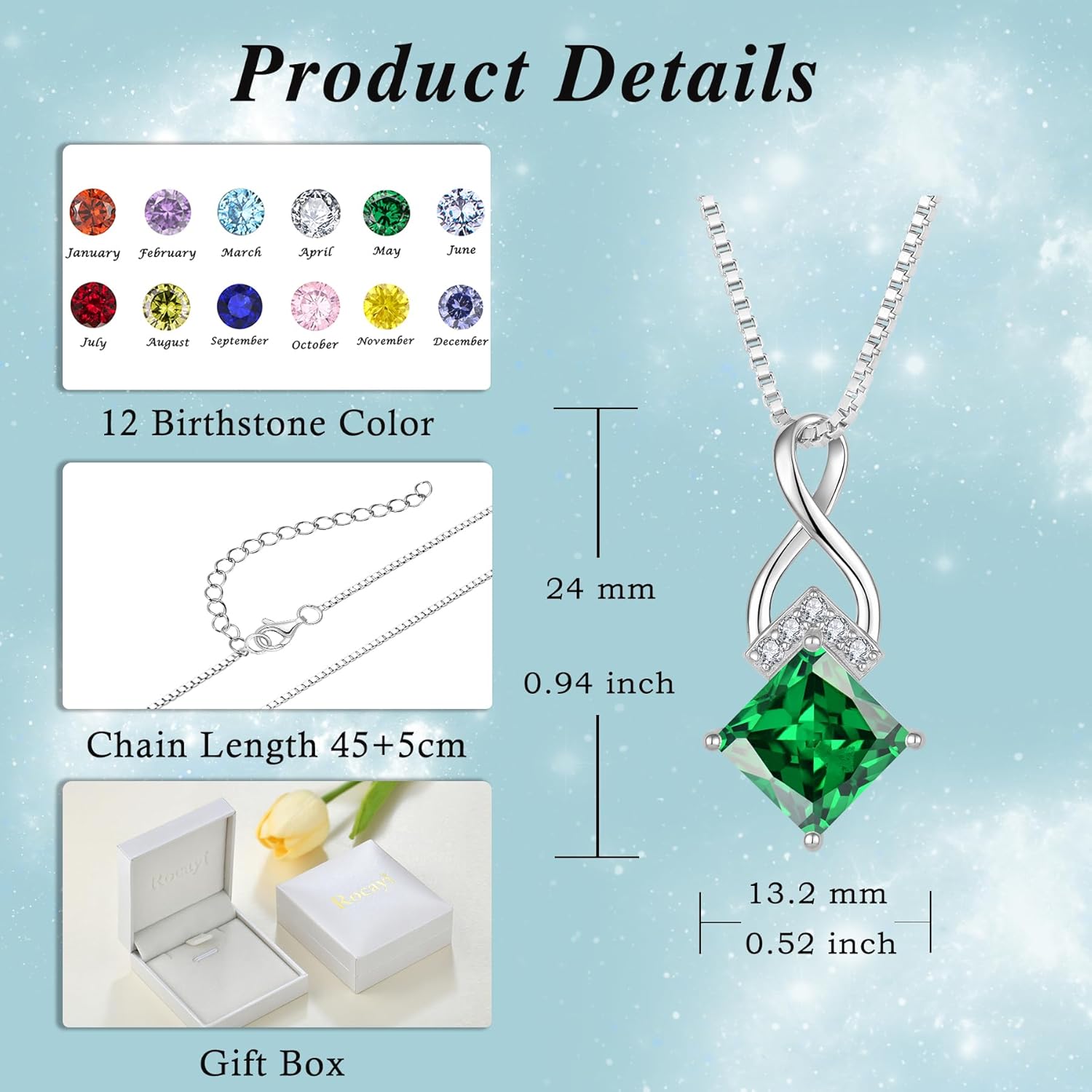 Infinity Necklace 925 Sterling Silver Princess Cut Pendant Birthstone Jewelry for Women - Image 7