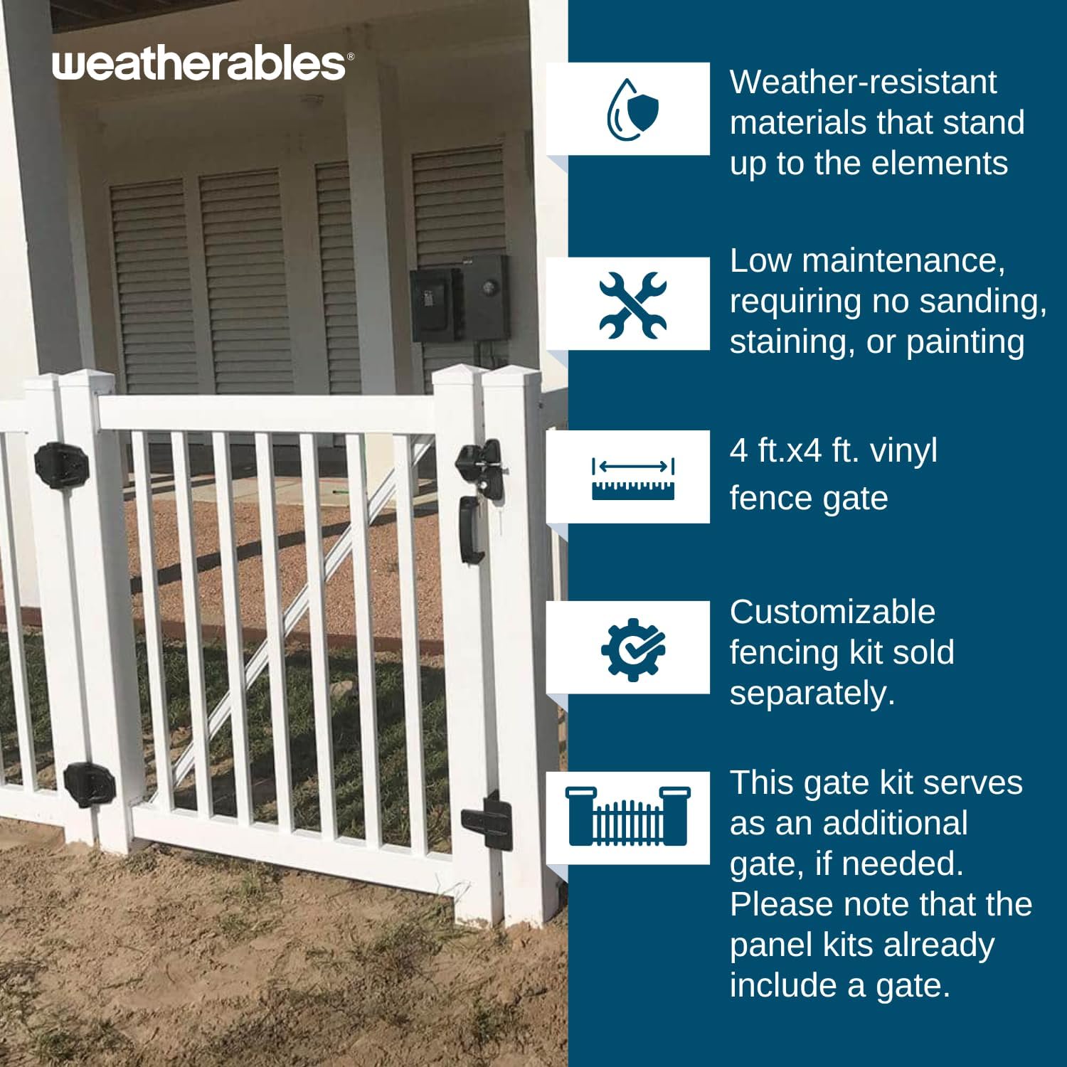 Weatherables Captiva 4’ H x 48" L Vinyl Fence Gate Kit – White Vinyl Gate Kit Includes Stainless Steel Hinges, Pad-Lock Latch, Fence Post with Aluminum Insert and Post Cap