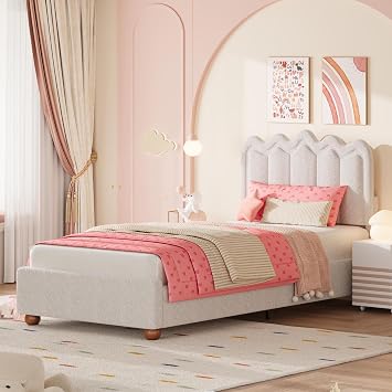 Twin Bed Frames with Adjustable Headboard, Boucle Upholstered Platform Bed