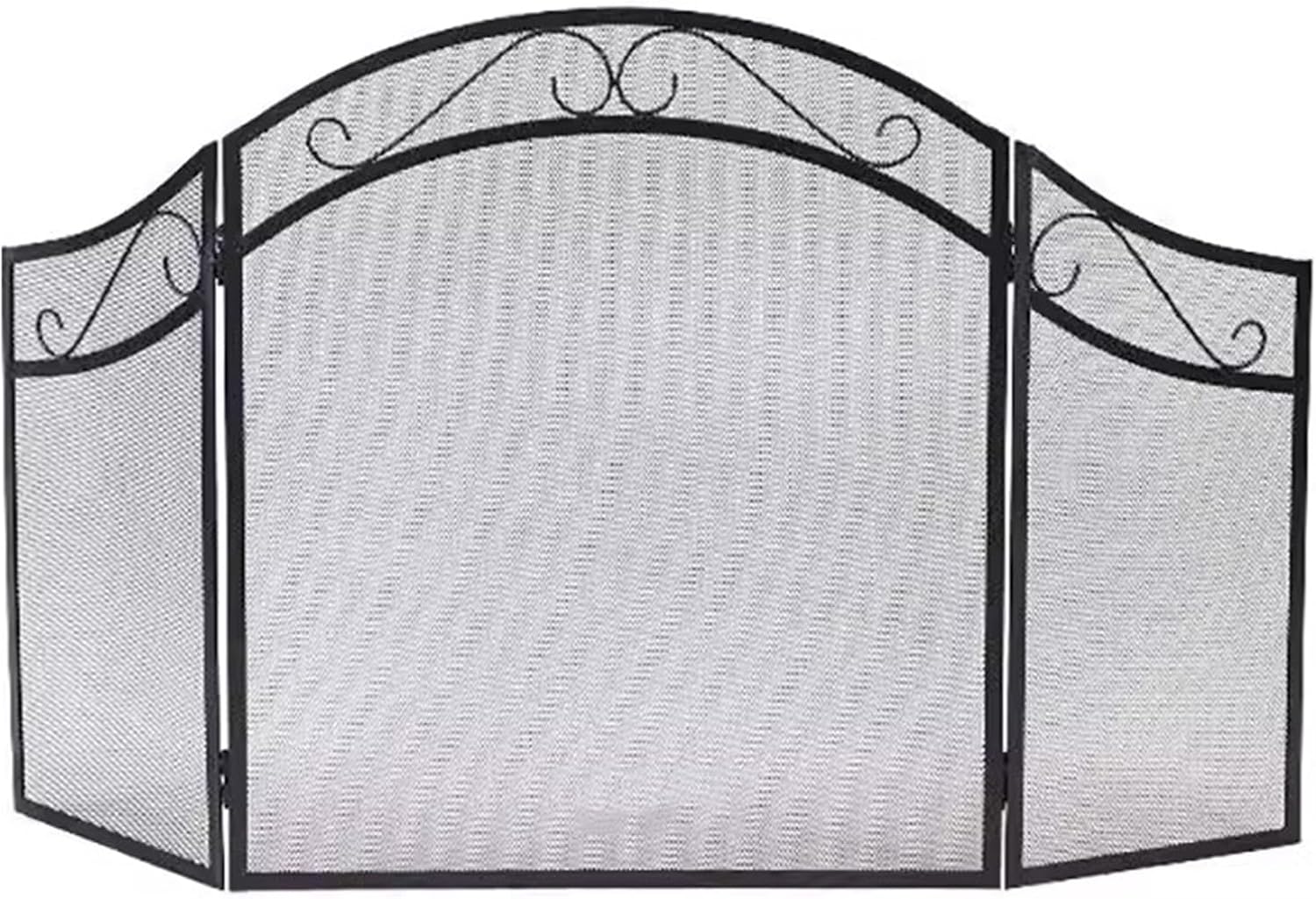 Foldable 3-Panel Fire Screen - Black Wrought Iron Spark Guard for Wood Burning Stove, 128×78cm, Durable Mesh Fireplace Protector, Ideal for Safety & Style