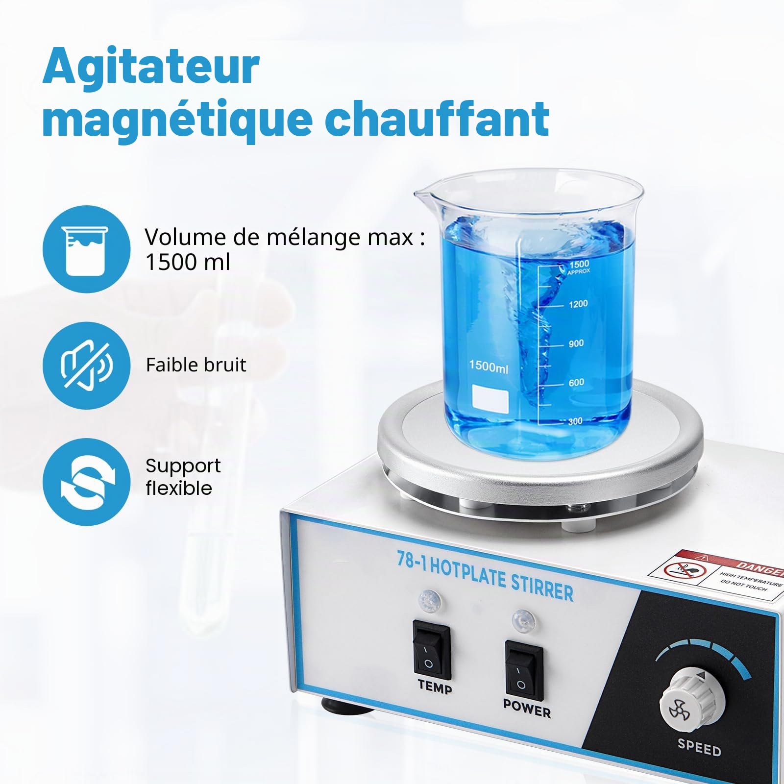Agitateur magnétique 2 l avec plaque chauffante, 100-2600 tr/min 280 °C 120 mm avec capteur PT1000, support flexible, mélangeur magnétique