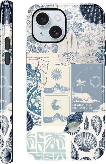 Seashell for iPhone 15 Case 6.1",Beach Blue Collage Coast Cute Summer Phone Cases for Girl Women Boy Men TPU Scratch Resistant Shockproof Protective Cover Cases,Coastal World