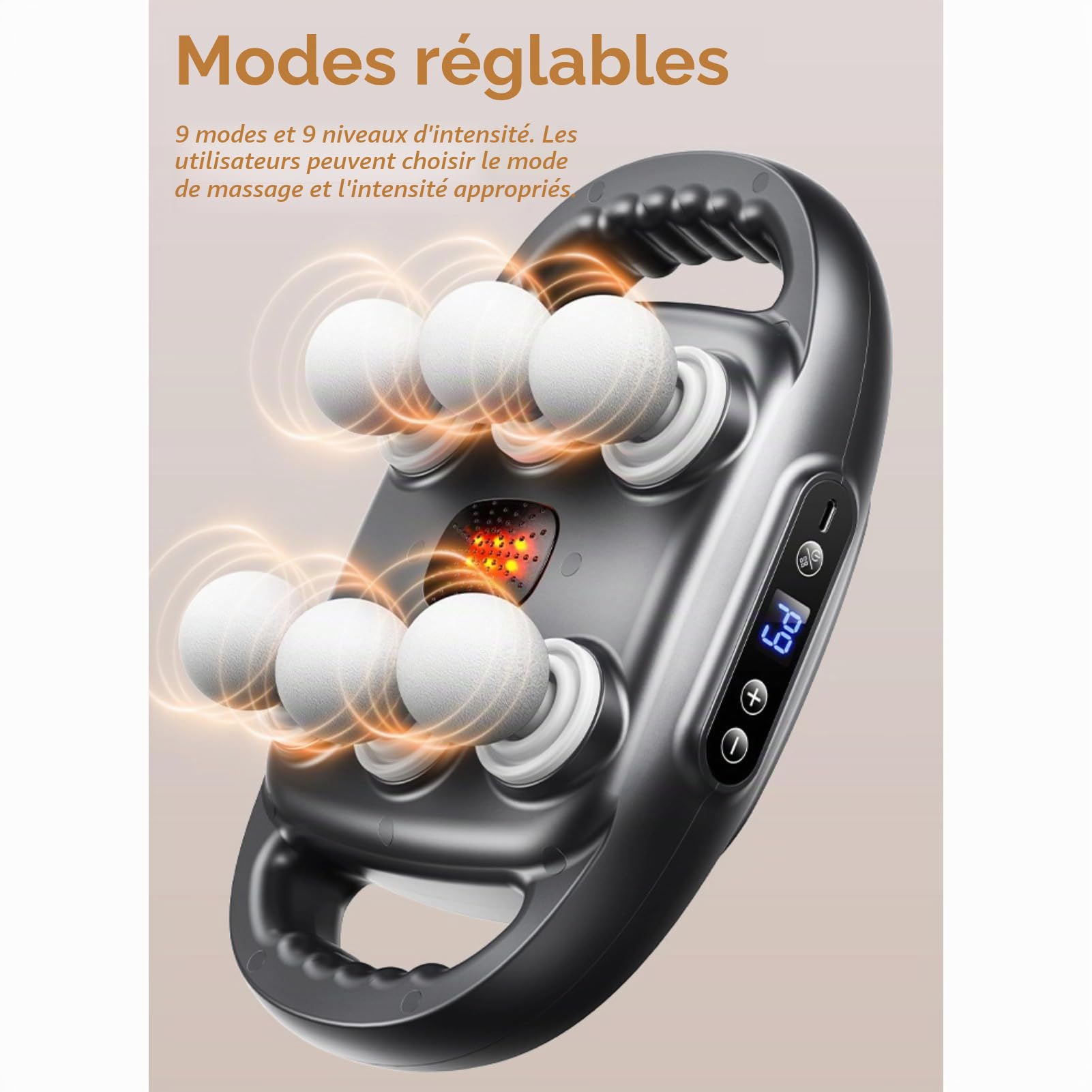 Pistolet de Massage à 6 Têtes pour Tissus Profonds, Pistolet de Massage à Percussion avec 9 Niveaux et 9 Modes, Outil de Massage électrique pour le Dos, le Cou, les Jambes, (GRAY)